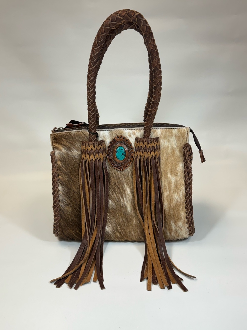 American Darling Brown Haircalf Fringe Satchel with Turquoise Accent